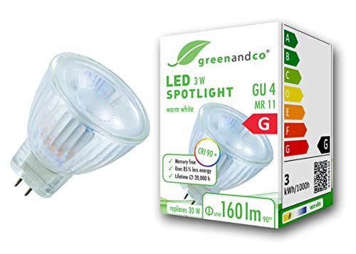 greenandco CRI 90+ MR11 GU4 LED Spot | 3W 160 lm | 3000K warmweiß | 38° | 12V AC/DC | nicht dimmbar von greenandco
