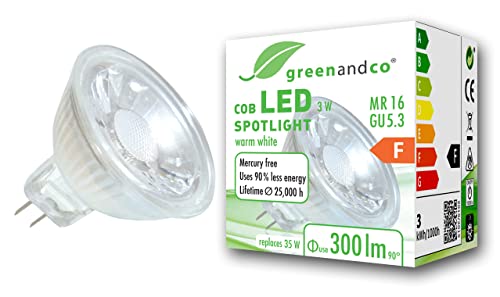 greenandco® MR16 GU5.3 LED Spot, 3W 300 lm 38° 2700K warmweiß COB LED 12V AC/DC, nicht dimmbar, 2 Jahre Garantie von greenandco