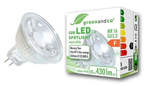 greenandco® MR16 GU5.3 LED Spot, 5W 430 lm 38° 3000K warmweiß COB LED 12V AC/DC, nicht dimmbar, 2 Jahre Garantie von greenandco