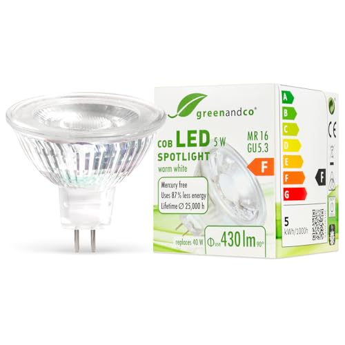 greenandco® MR16 GU5.3 LED Spot, 5W 430 lm 38° 3000K warmweiß COB LED 12V AC/DC, nicht dimmbar, 2 Jahre Garantie von greenandco