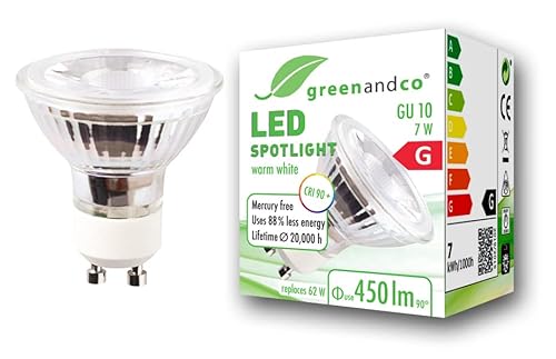 GreenAndCo® CRI 90+ GU10 LED Spot, 7W 450 lm 36° 3000K warmweiß 230V, flimmerfrei, nicht dimmbar, 2 Jahre Garantie von GreenAndCo