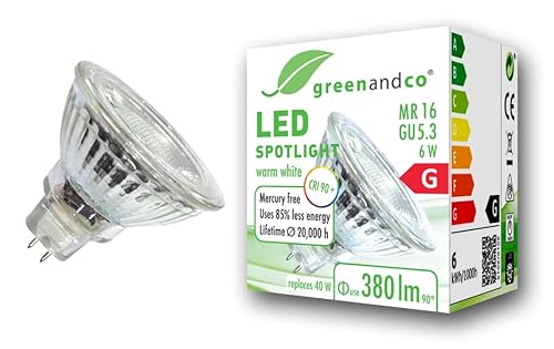greenandco® CRI 90+ MR16 GU5.3 LED Spot, 6W 380 lm 36° 3000K warmweiß 12V AC/DC, nicht dimmbar, 2 Jahre Garantie von greenandco
