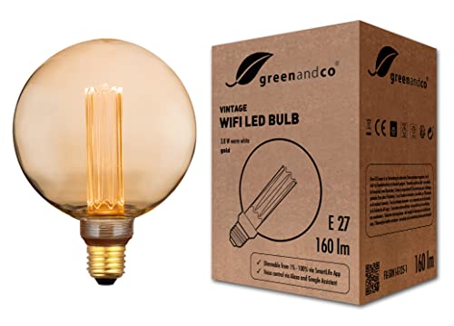 greenandco Smart WiFi Vintage Design LED Lampe | E27 G125 | 3,8W 160lm | 1800K | 320° | 230V | flimmerfrei | dimmbar | kompatibel mit Alexa und Google Assistant | WLAN (ohne Hub) von greenandco