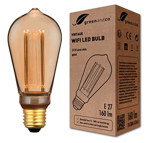 greenandco Smart WiFi Vintage Design LED Lampe | E27 ST64 | 3,8W 160lm | 1800K | 320° | 230V | flimmerfrei | dimmbar | kompatibel mit Alexa und Google Assistant | WLAN (ohne Hub) von greenandco