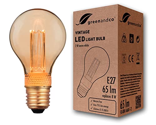 greenandco® Vintage Design LED Birne zur Stimmungsbeleuchtung E27 A60 Edison Glühbirne, 2W 65lm 1800K gold extra warmweiß 320° 230V flimmerfrei, nicht dimmbar, 2 Jahre Garantie von greenandco