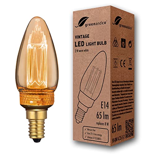 greenandco Vintage Design LED Birne zur Stimmungsbeleuchtung | E14 C35 | gold | 2W 65lm | 1800K extra warmweiß | 320° | 230V | flimmerfrei | nicht dimmbar | Edison Glühbirne von greenandco
