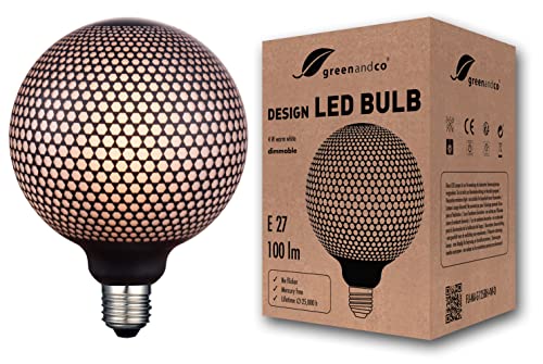 greenandco® Vintage Design LED Lampe schwarz gemustert (Sechsecke) dimmbar E27 G125 4W 100lm 1800K extra warmweiß zur Stimmungsbeleuchtung flimmerfrei 300° 230V, 2 Jahre Garantie von greenandco