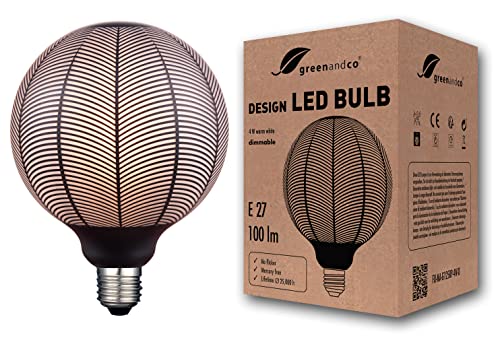 greenandco Vintage Design LED Lampe schwarz gemustert | Blattmotiv | dimmbar | E27 G125 | 4W 100lm | 1800K extra warmweiß | zur Stimmungsbeleuchtung | flimmerfrei 300° | 230V von greenandco