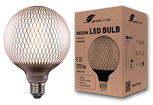 greenandco Vintage Design LED Lampe silber gemustert | Rauten | dimmbar | E27 G125 | 4W 270lm | CRI90+ | 2700K warmweiß | zur Stimmungsbeleuchtung | flimmerfrei | 360° | 230V von greenandco