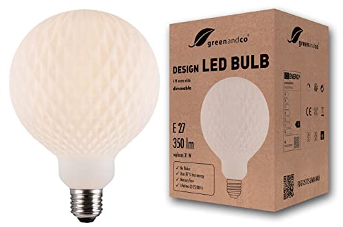 greenandco Vintage Design LED Lampe | Opal Rauten | dimmbar | E27 G125 | 4W 350lm | CRI90+ | 3000K warmweiß | flimmerfrei | zur Stimmungsbeleuchtung | 360° | 230V von greenandco