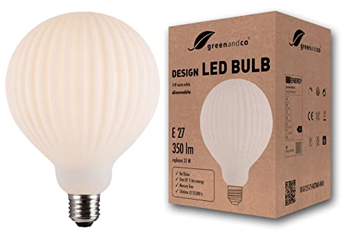 greenandco Vintage Design LED Lampe | Opal Streifen | dimmbar | E27 G125 | 4W 350lm | CRI90+ | 3000K warmweiß | flimmerfrei | zur Stimmungsbeleuchtung | 360° | 230V von greenandco