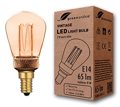 greenandco Vintage Design LED Birne zur Stimmungsbeleuchtung | E14 ST45 | gold | 2W 65lm | 1800K extra warmweiß | 320° | 230V | flimmerfrei | nicht dimmbar | Edison Glühbirne von greenandco