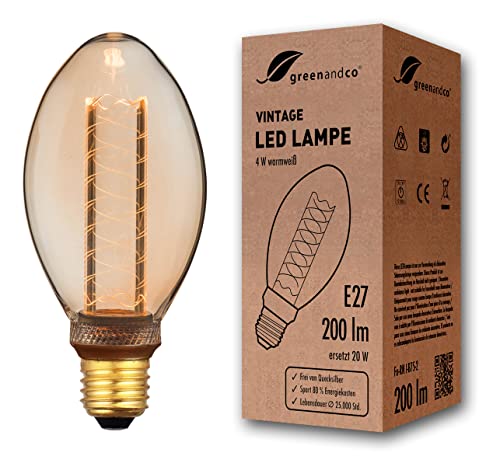 greenandco Vintage Design LED Birne zur Stimmungsbeleuchtung | E27 B75 | gold | 4W 200lm | 1800K extra warmweiß | 320° | 230V | flimmerfrei | nicht dimmbar | Edison Glühbirne von greenandco
