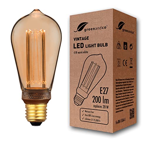 greenandco Vintage Design LED Birne zur Stimmungsbeleuchtung | E27 ST64 | gold | 4W 200lm | 1800K extra warmweiß | 320° | 230V | flimmerfrei | nicht dimmbar | Edison Glühbirne von greenandco