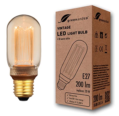 greenandco® Vintage Design LED Lampe zur Stimmungsbeleuchtung E27 T45 Edison Glühbirne, 4W 200lm 1800K gold extra warmweiß 320° 230V flimmerfrei, nicht dimmbar, 2 Jahre Garantie von greenandco