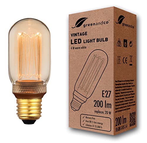 greenandco Vintage Design LED Birne zur Stimmungsbeleuchtung | E27 T45 | gold | 4W 200lm | 1800K extra warmweiß | 320° | 230V | flimmerfrei | nicht dimmbar | Edison Glühbirne von greenandco