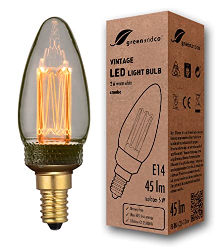 greenandco® Vintage Design LED Lampe zur Stimmungsbeleuchtung E14 C35 Edison Glühbirne 2W 45lm 2000K smoke extra warmweiß 320° 230V flimmerfrei, nicht dimmbar, 2 Jahre Garantie von greenandco