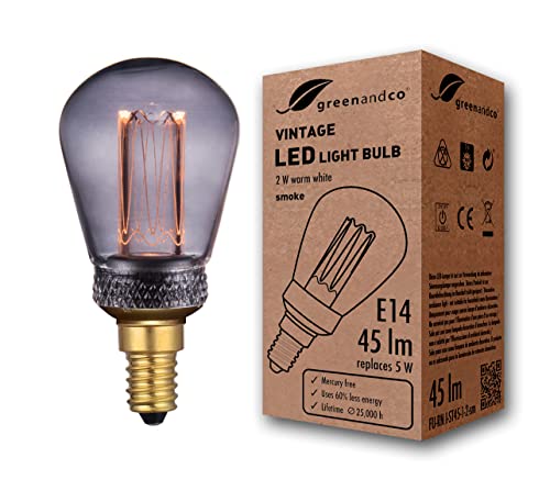 greenandco Vintage Design LED Birne zur Stimmungsbeleuchtung | E14 ST45 | smoke | 2W 45lm | 1800K extra warmweiß | 320° | 230V | flimmerfrei | nicht dimmbar | Edison Glühbirne von greenandco
