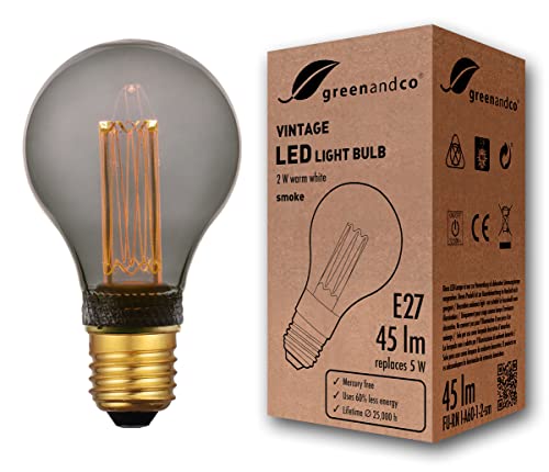 greenandco® Vintage Design LED Lampe zur Stimmungsbeleuchtung E27 A60 Edison Glühbirne 2W 45lm 2000K smoke extra warmweiß 320° 230V flimmerfrei, nicht dimmbar, 2 Jahre Garantie von greenandco