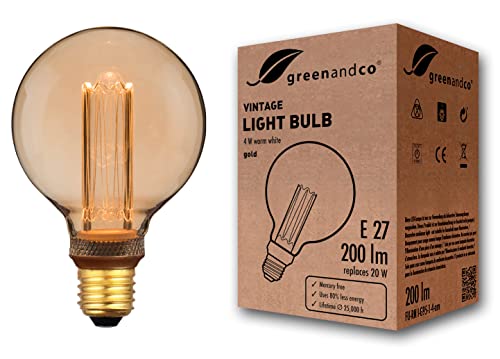 greenandco Vintage Design LED Birne zur Stimmungsbeleuchtung | E27 G95 | gold | 4W 200lm | 1800K extra warmweiß | 320° | 230V | flimmerfrei | nicht dimmbar | Edison Glühbirne von greenandco