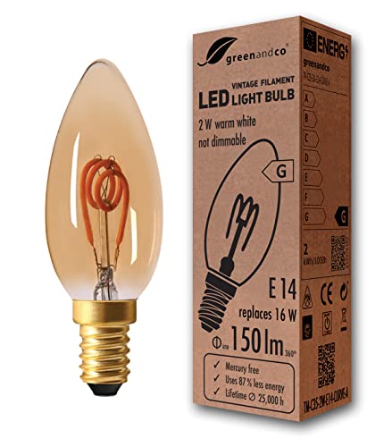 greenandco® Vintage Glühfaden LED Kerze gold E14 C35 2W 150lm 2000K extra warmweiß 360° 230V flimmerfrei, nicht dimmbar, 2 Jahre Garantie von greenandco