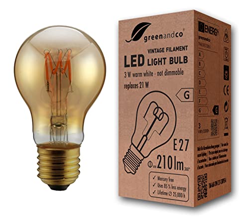 greenandco® Vintage Glühfaden LED Lampe gold E27 A60 3W 210lm 2000K extra warmweiß 360° 230V flimmerfrei, nicht dimmbar, 2 Jahre Garantie von greenandco