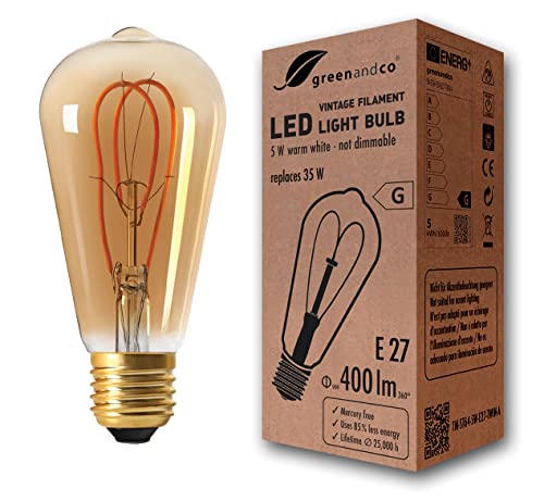 greenandco® Vintage Glühfaden LED Lampe gold E27 ST64 5W 400lm 2000K extra warmweiß 360° 230V flimmerfrei, nicht dimmbar, 2 Jahre Garantie von greenandco