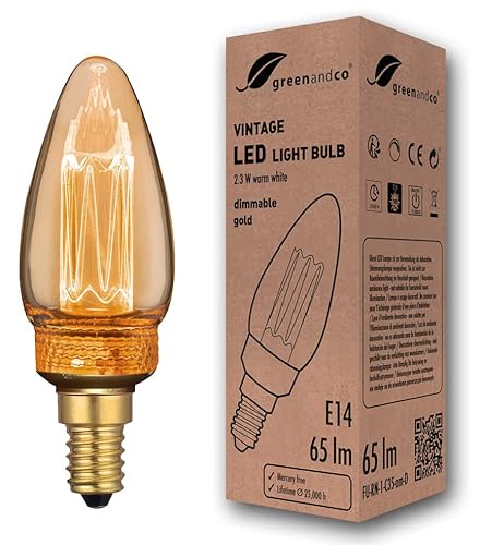 greenandco® dimmbare Vintage Design LED Lampe E14 C35 2,3W 65lm 1800K gold extra warmweiß 320° 230V flimmerfrei Edison Glühbirne zur Stimmungsbeleuchtung, 2 Jahre Garantie von greenandco