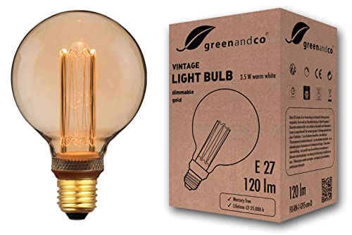greenandco dimmbare Vintage Design LED Birne zur Stimmungsbeleuchtung | E27 G95 | gold | 3,5W 120lm | 1800K extra warmweiß | 320° | 230V | flimmerfrei | Edison Glühbirne von greenandco