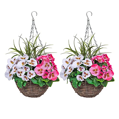 2 x Künstliche Blumenampeln mit Rosa und Weißen Blumen und dekorative Gräser (2er-Set) von GreenBrokers