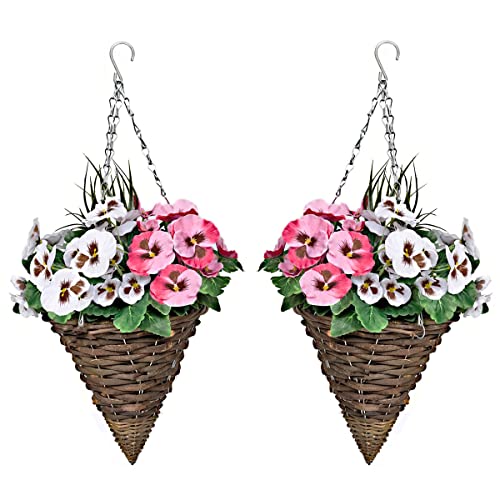 2 x Künstliche Blumenampeln mit rosa und weißen Blumen und dekorativen Gräsern (2er-Set) von GreenBrokers