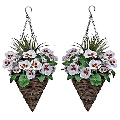 2 x Künstliche Kegelförmige Blumenampeln mit Weiß Blumen Und Dekorative Gräser (Set von 2) von GreenBrokers