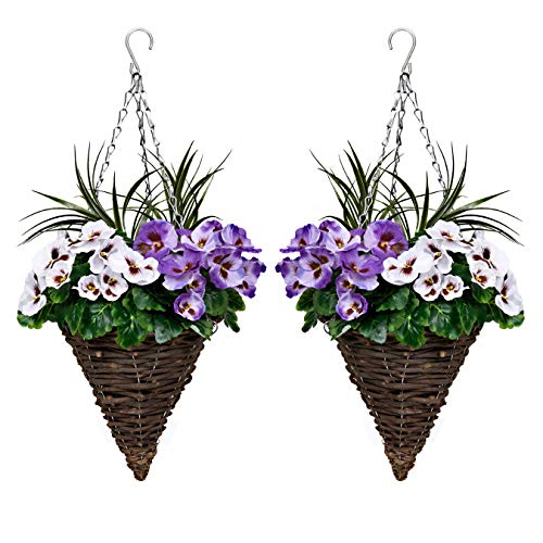 2 x Künstliche Kegelförmige Hängekörbe Mit Lila & Weiß Blumen und dekorative Gräser (Set von 2) von GreenBrokers