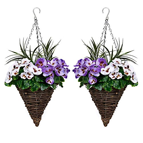 2 x Künstliche Kegelförmige Hängekörbe Mit Lila & Weiß Blumen und dekorative Gräser (Set von 2) von GreenBrokers