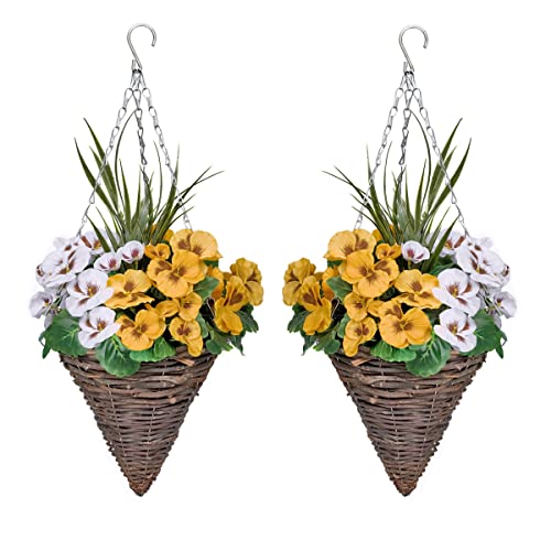 GreenBrokers 2 x Künstliche Kegelförmige Blumenampeln mit Gelb & Weiß Blumen und dekorative Gräser (Set von 2) von GreenBrokers