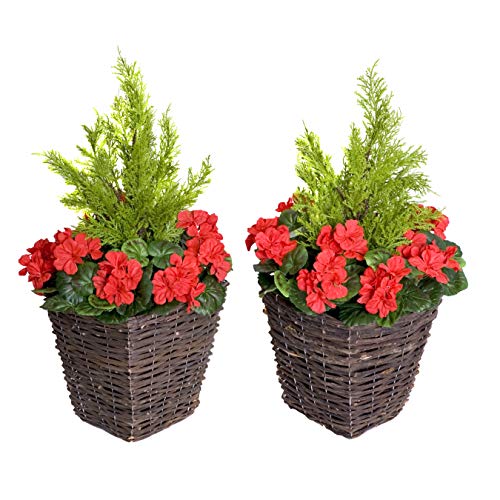 GreenBrokers 2 x künstlicher Rattan Terrassen-Übertopf Geranien und Zedern-Formschnitt 60 cm von GreenBrokers