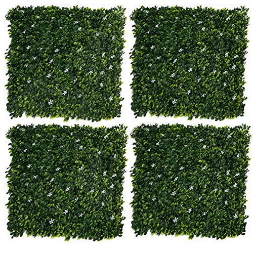 GreenBrokers Weiße künstliche grüne Wandhecke mit kleinen Blumen (4 Stück) – UV-stabil, vertikaler Garten von GreenBrokers