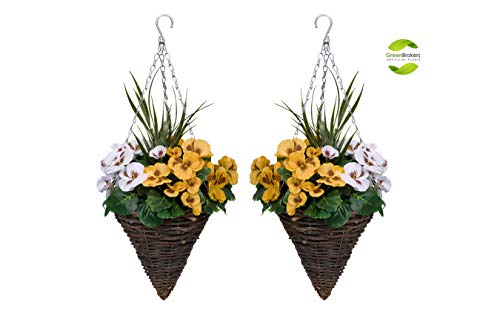 GreenBrokers Künstliche Kegelförmige Hängekörbe mit gelben und weißen Blumen und dekorativen Gräsern, 2er-Set, Gelb und Weiß von GreenBrokers