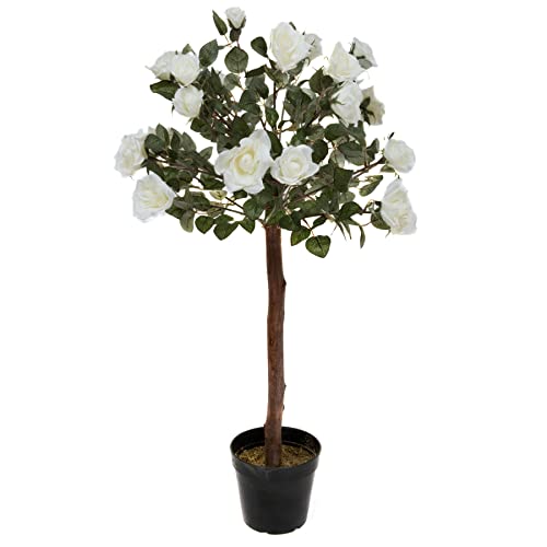 Greenbrokers Künstlicher Rosenbaum, 25 Blumen, 90 cm, Kunstseide, Weiß von GreenBrokers