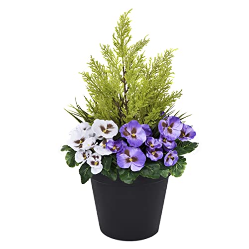 GreenBrokers Künstlicher Terrassen-Übertopf (60 cm) mit lila und weißen Stiefmütterchen und Koniferen/Zedernholz-Formschnitt in schwarzem Topf von GreenBrokers