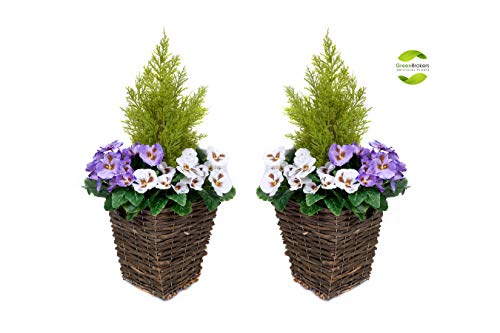 GreenBrokers Künstlicher Terrassen-Übertopf mit violetten & weißen Stiefmütterchen & Nadelholz-Formschnitt, 2er-Set, Violett und Weiß von GreenBrokers