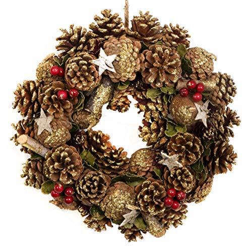 Hochwertiger Weihnachtskranz zum Aufhängen, 30 cm, festliches Tannenzapfen-Display mit Goldener Glasur Hochwertiger Weihnachtskranz zum Aufhängen, 30 cm, festliches Tannenzapfen-Display mit Goldener Glasur von GreenBrokers