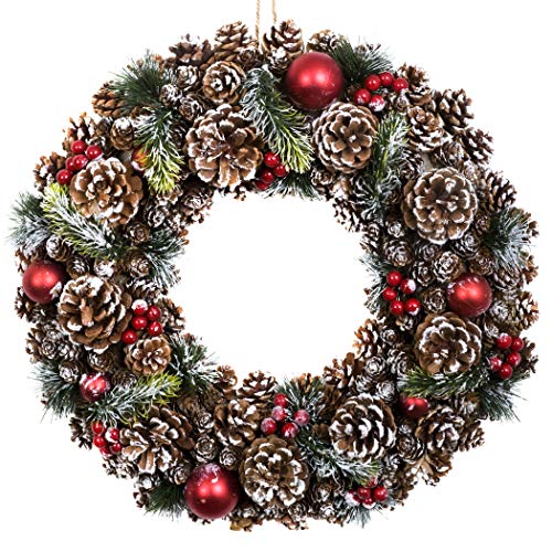 Hochwertiger Weihnachtskranz zum Aufhängen, 48 cm, festliches Tannenzapfen-Display mit weißem Zuckerguss Hochwertiger Weihnachtskranz zum Aufhängen, 48 cm, festliches Tannenzapfen-Display mit weißem Zuckerguss von GreenBrokers