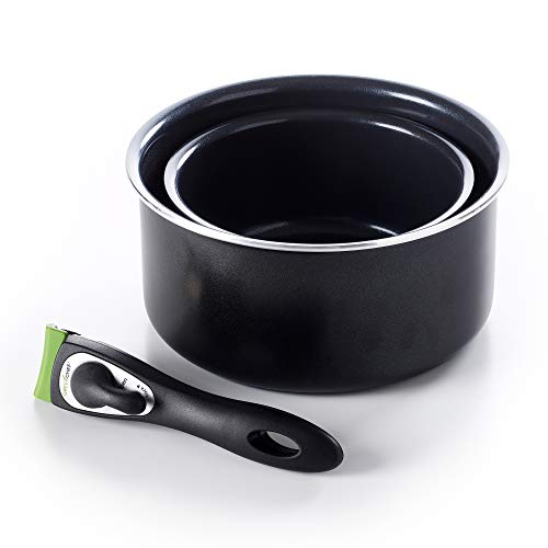 GreenChef ClickPan keramische Antihaft, 3-teiliges Kochgeschirr-Set, 16cm/1,6l & 20cm/3,1l Stielkasserollen mit abnehmbarem Griff, PFAS-frei,Vielseitig,Platzsparend,Induktion,Spülmaschinenfest,Schwarz von GreenChef