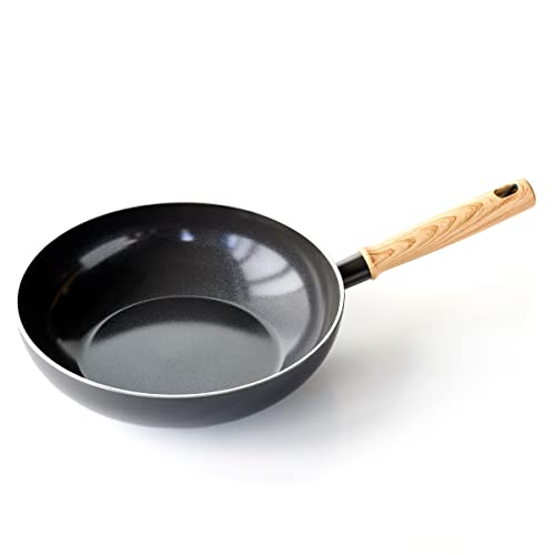 GreenChef Vintage Gesunde keramische Antihaftbeschichtung, 28cm/3,7 Liter Wok-Pfanne, Griff in Holzoptik, PFAS-frei, induktionsgeeignet, spülmaschinenfest, grau von GreenChef