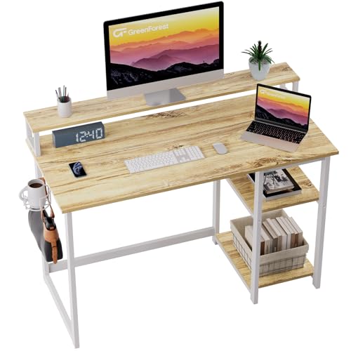 GreenForest 120 x 55 cm Schreibtisch Holz mit Regal und Monitorständer, Computertisch Eiche, Schreibtisch mit Stauraum, Beige von GreenForest