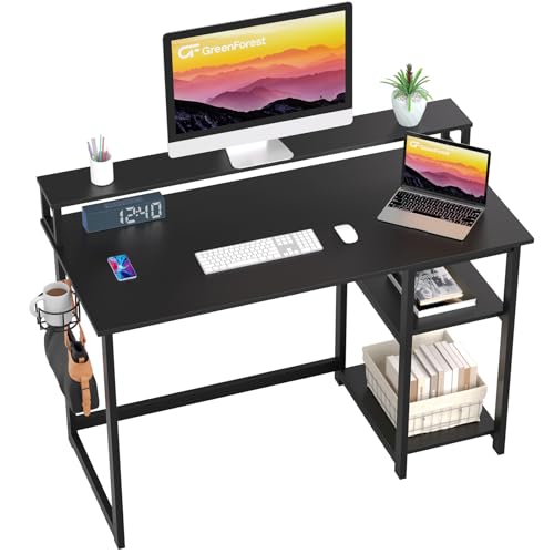 GreenForest 120 x 55 cm Schreibtisch Schwarz, Gaming Tisch Schreibtisch mit Regal, Computertisch PC Schreibtisch mit Monitorständer, Schwarz von GreenForest
