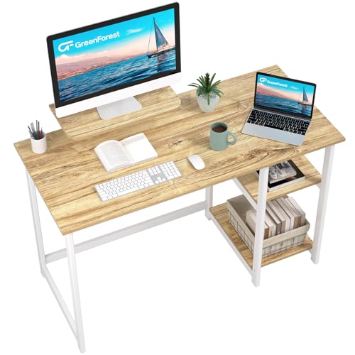 GreenForest Computer Home Office Schreibtisch mit Monitorständer und Reversible Aufbewahrungsregale, 120cm modernes einfaches Schreiben Studie PC Arbeitstisch, beige von GreenForest