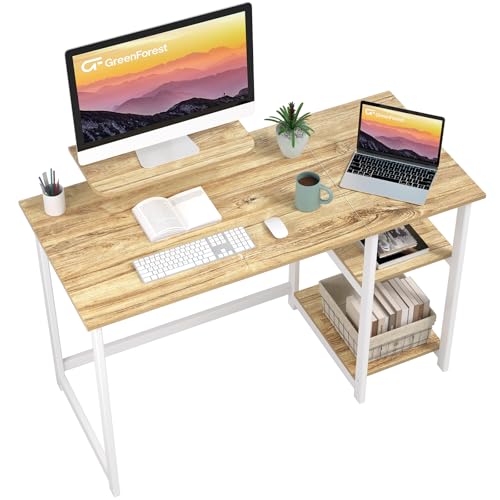 GreenForest Schreibtisch 120cm Mit Stauraum und Monitorständer, Bürotisch für Home Office, Beige von GreenForest