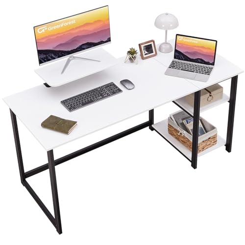 GreenForest Computer Schreibtisch mit Monitorständer,140cm Home Office Schreibtisch mit umkehrbaren Ablagefächern Moderner Laptoptisch PC Gaming Tisch für kleine Räume,Weiß von GreenForest